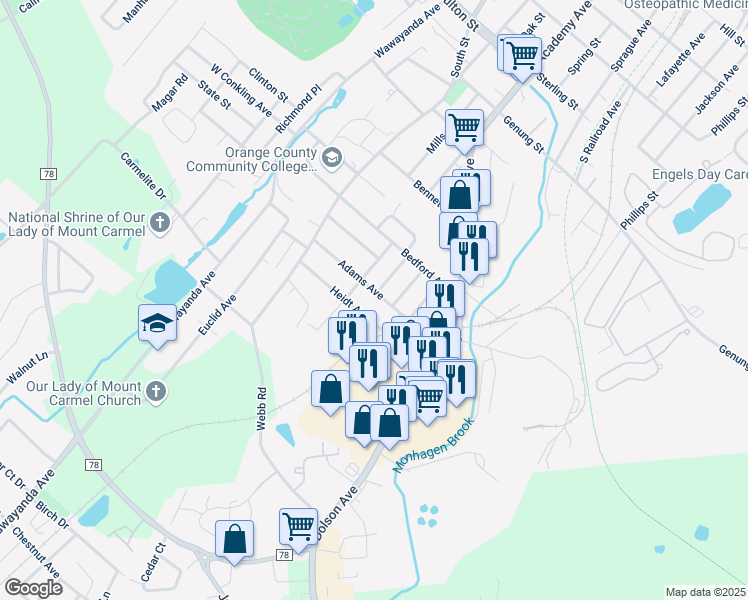 map of restaurants, bars, coffee shops, grocery stores, and more near 12 Adams Avenue in Middletown