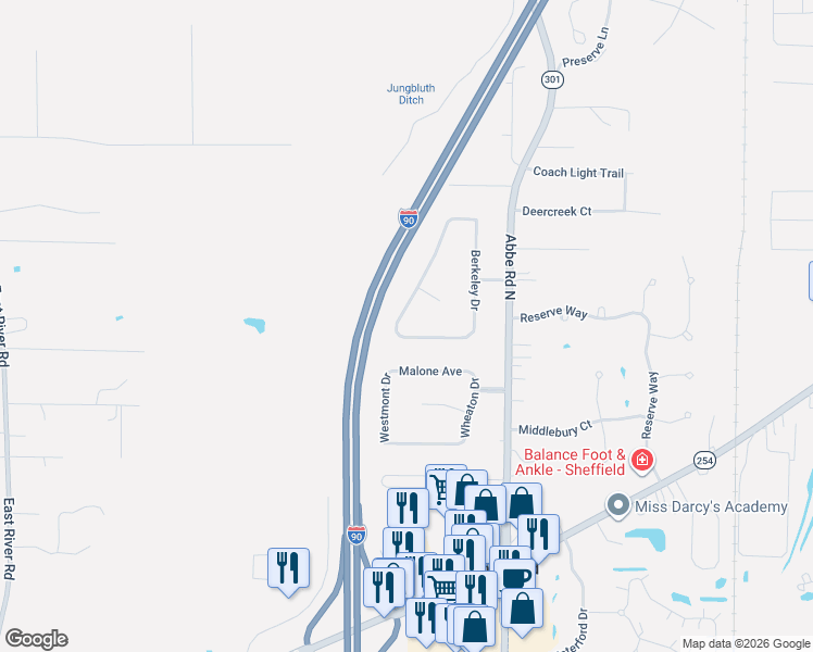 map of restaurants, bars, coffee shops, grocery stores, and more near 5188 Berkeley Drive in Sheffield
