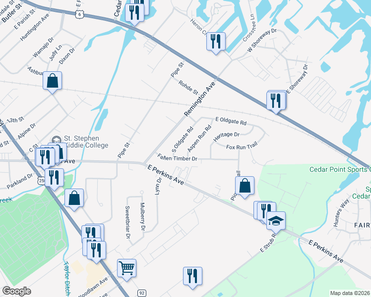 map of restaurants, bars, coffee shops, grocery stores, and more near 2207 Fallen Timber Drive in Sandusky