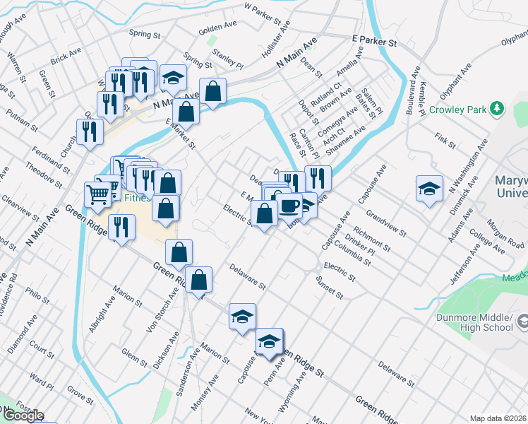 map of restaurants, bars, coffee shops, grocery stores, and more near 620 East Market Street in Scranton