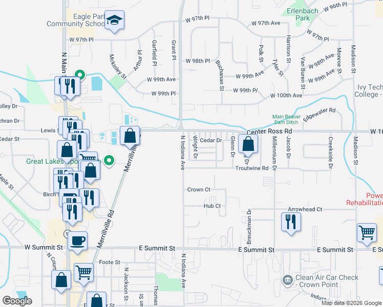 map of restaurants, bars, coffee shops, grocery stores, and more near 1342 Lehman Drive in Crown Point