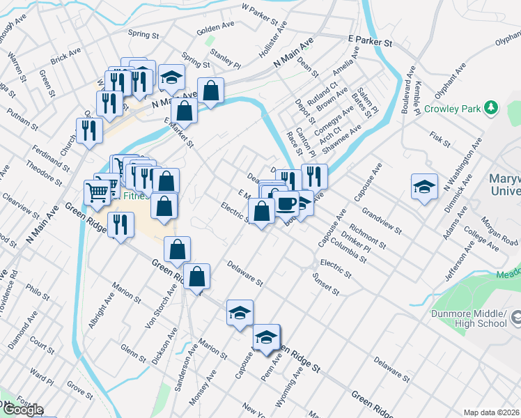 map of restaurants, bars, coffee shops, grocery stores, and more near 620 East Market Street in Scranton