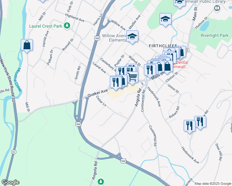 map of restaurants, bars, coffee shops, grocery stores, and more near 55 Quaker Avenue in Cornwall