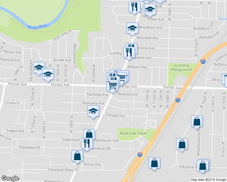 map of restaurants, bars, coffee shops, grocery stores, and more near Rocky River Dr & Glenshire Ave in Cleveland