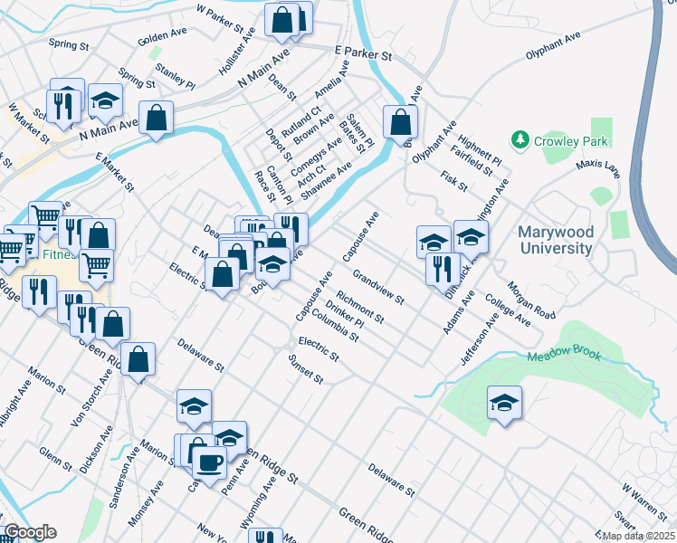 map of restaurants, bars, coffee shops, grocery stores, and more near in Scranton