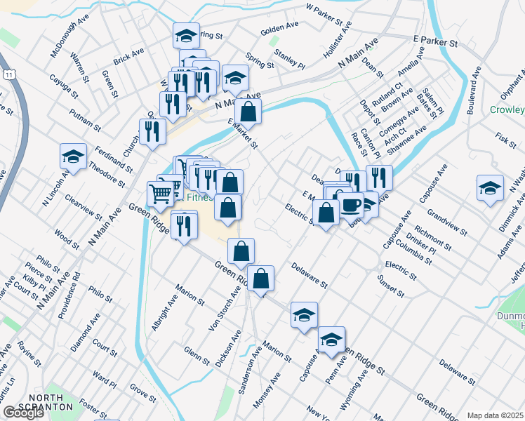map of restaurants, bars, coffee shops, grocery stores, and more near 1741 Von Storch Ave in Scranton