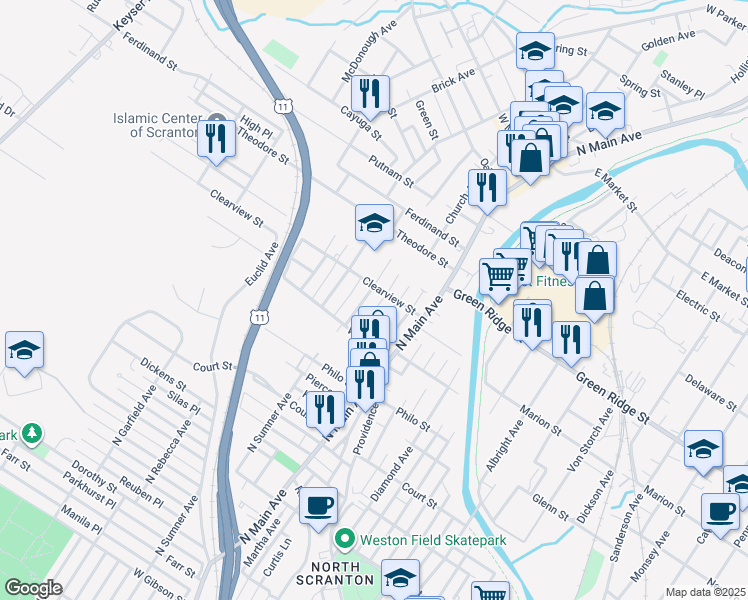 map of restaurants, bars, coffee shops, grocery stores, and more near 142 Roberts Court in Scranton