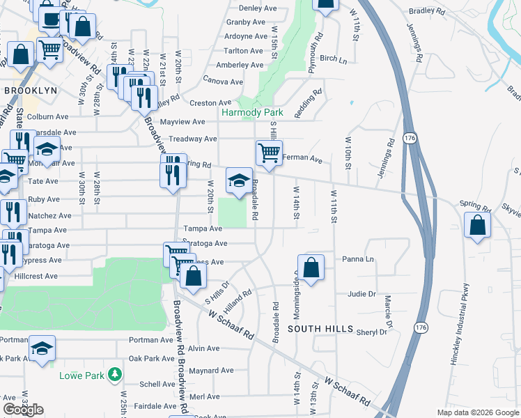 map of restaurants, bars, coffee shops, grocery stores, and more near 4514 South Hills Drive in Cleveland