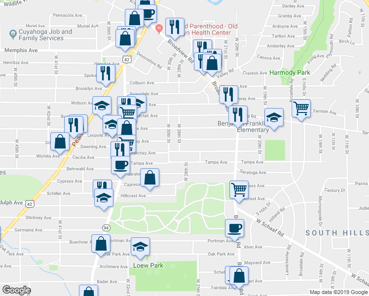 map of restaurants, bars, coffee shops, grocery stores, and more near 2713 Natchez Avenue in Cleveland