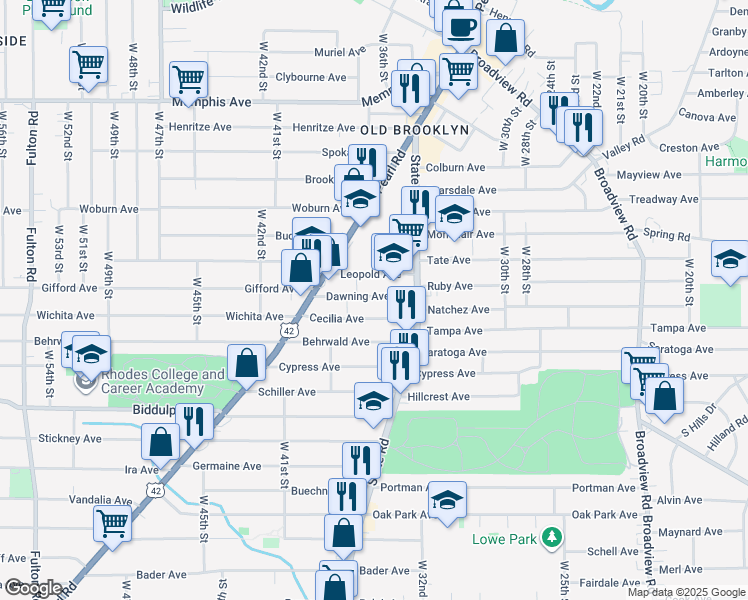 map of restaurants, bars, coffee shops, grocery stores, and more near 3602 Cecilia Avenue in Cleveland