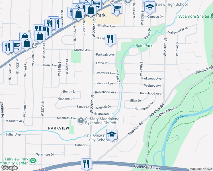 map of restaurants, bars, coffee shops, grocery stores, and more near 21900 Robinhood Avenue in Fairview Park