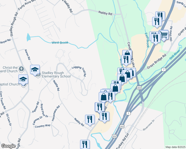map of restaurants, bars, coffee shops, grocery stores, and more near 1802 Cypress Drive in Danbury