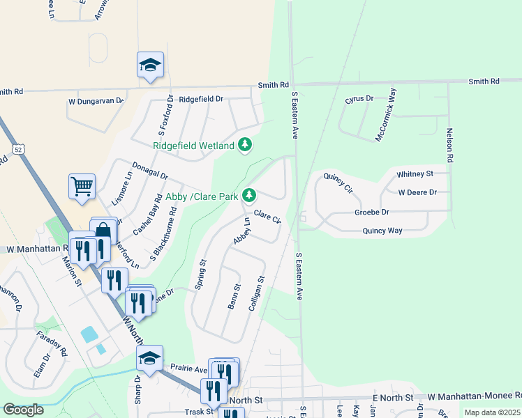 map of restaurants, bars, coffee shops, grocery stores, and more near 25002 Clare Circle in Manhattan