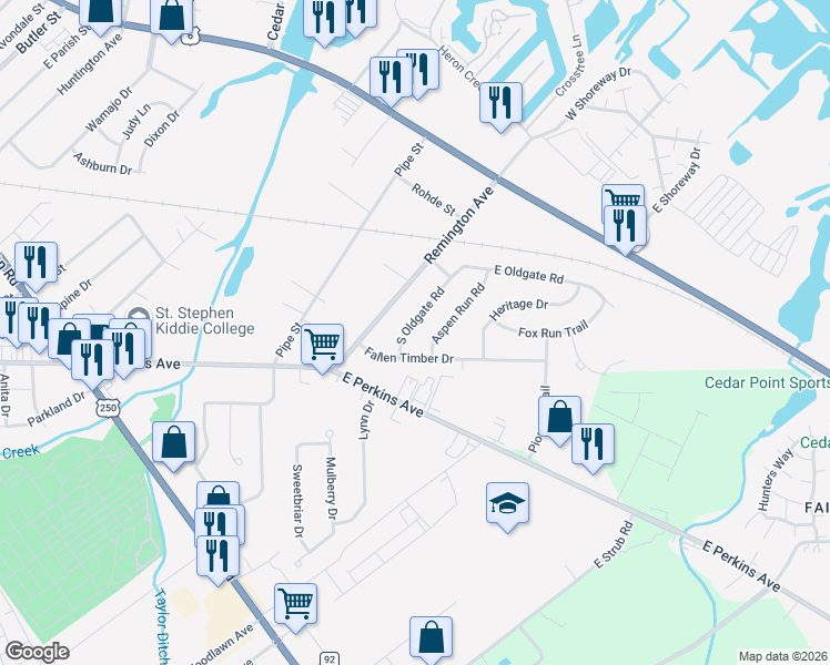 map of restaurants, bars, coffee shops, grocery stores, and more near 2234 South Oldgate Road in Sandusky