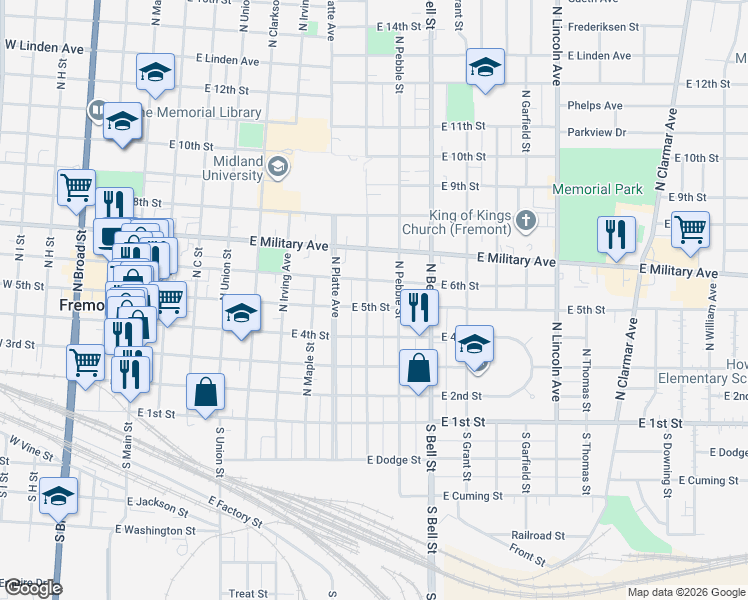 map of restaurants, bars, coffee shops, grocery stores, and more near 450 North Logan Street in Fremont