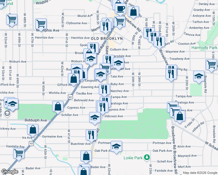 map of restaurants, bars, coffee shops, grocery stores, and more near 4459 West 35th Street in Cleveland