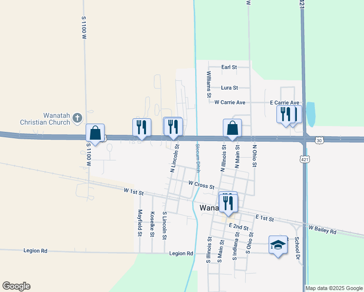 map of restaurants, bars, coffee shops, grocery stores, and more near 302-364 North Lincoln Street in Wanatah