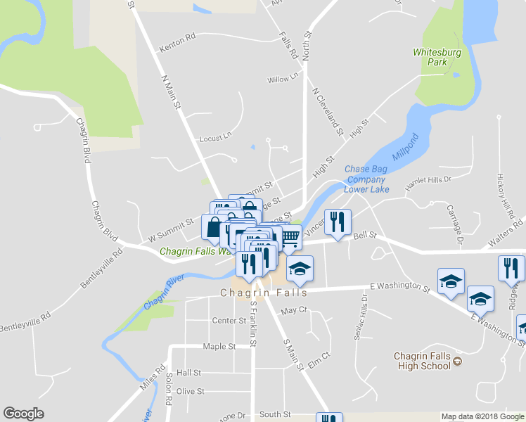 map of restaurants, bars, coffee shops, grocery stores, and more near 52 East Cottage Street in Chagrin Falls