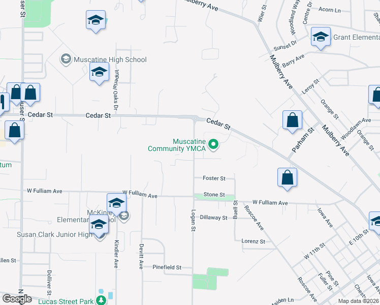 map of restaurants, bars, coffee shops, grocery stores, and more near 1814 Logan Street in Muscatine