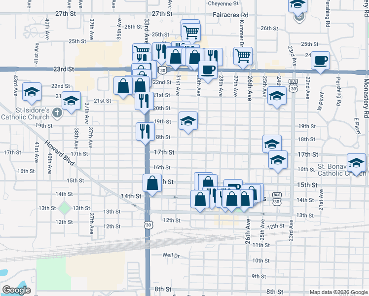 map of restaurants, bars, coffee shops, grocery stores, and more near 3001-3099 17th St in Columbus