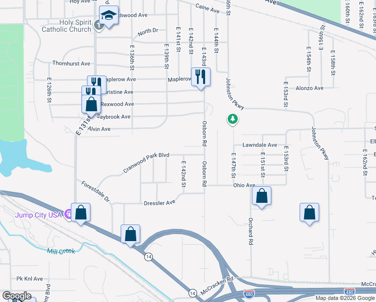 map of restaurants, bars, coffee shops, grocery stores, and more near 14112 Cranwood Park Boulevard in Garfield Heights