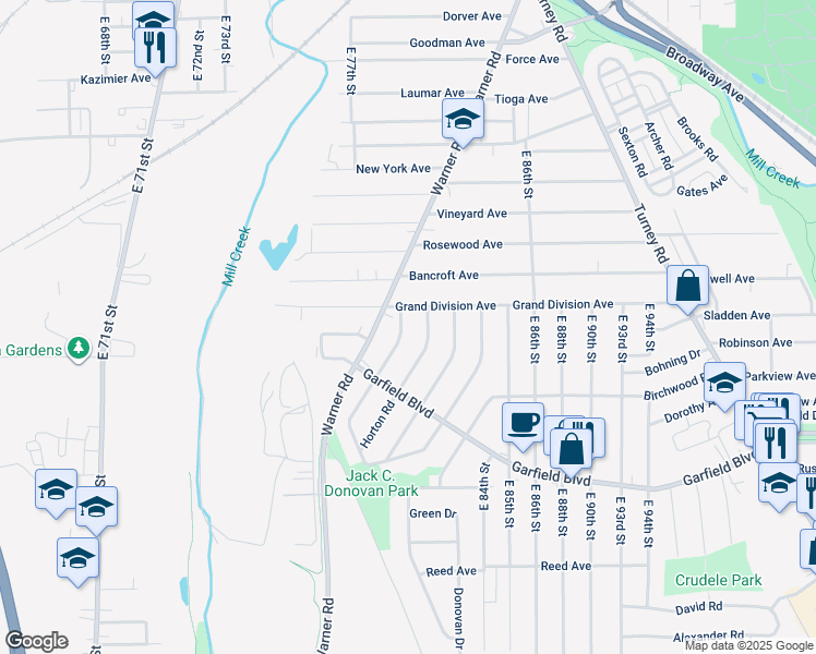 map of restaurants, bars, coffee shops, grocery stores, and more near 4645 Blythin Road in Garfield Heights