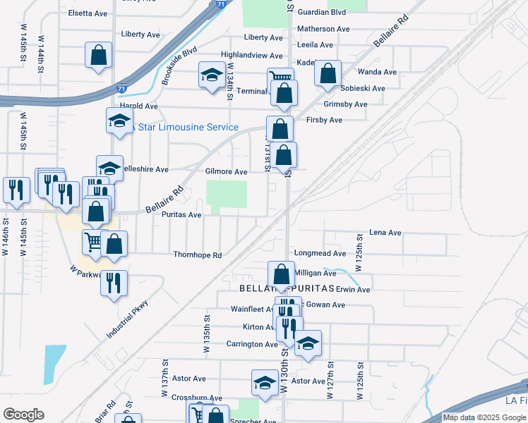 map of restaurants, bars, coffee shops, grocery stores, and more near 13115 Puritas Avenue in Cleveland