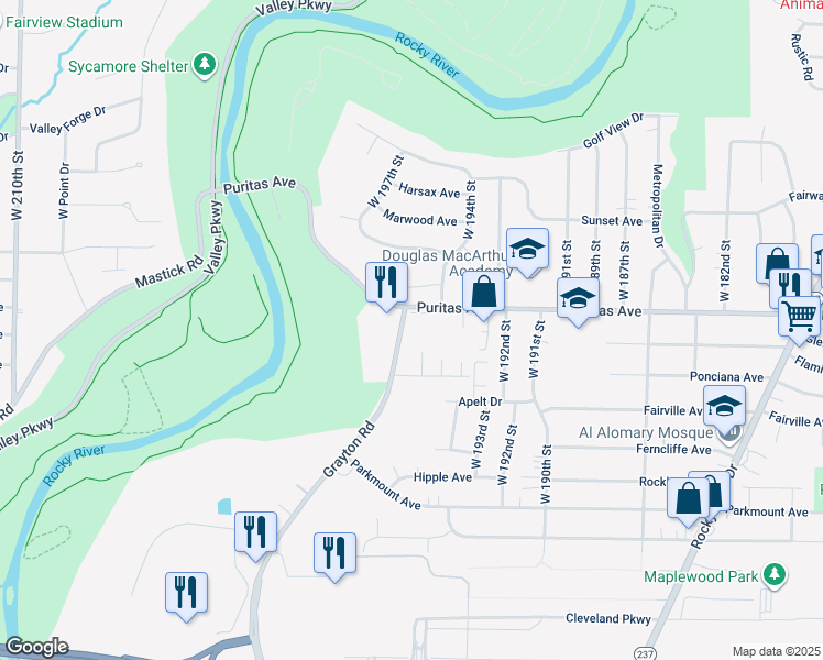 map of restaurants, bars, coffee shops, grocery stores, and more near 4519 Grayton Road in Cleveland