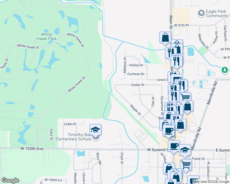 map of restaurants, bars, coffee shops, grocery stores, and more near 341 Maple Street in Crown Point