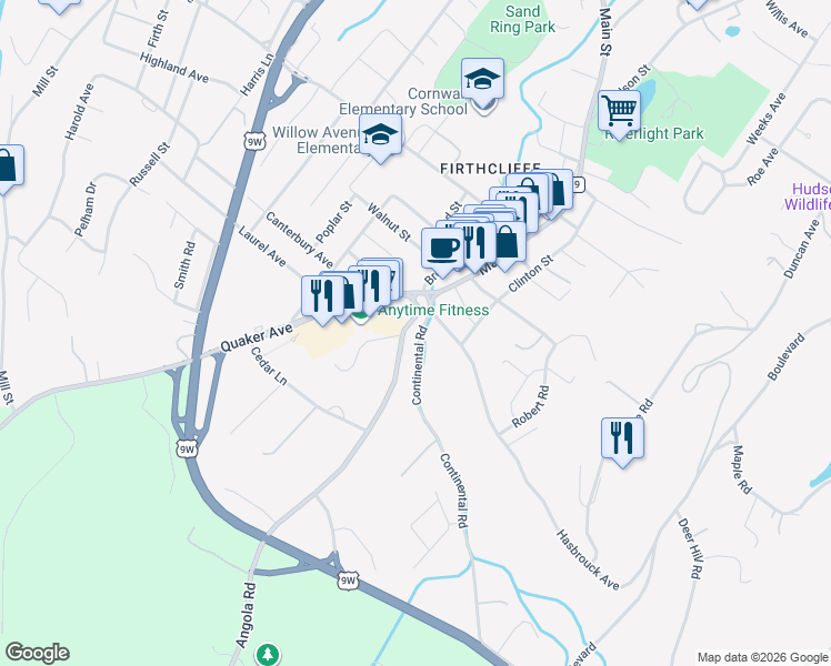 map of restaurants, bars, coffee shops, grocery stores, and more near 15 Angola Road in Cornwall