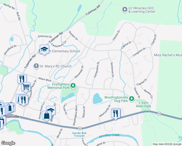 map of restaurants, bars, coffee shops, grocery stores, and more near 13 Carlisle Way in Washingtonville