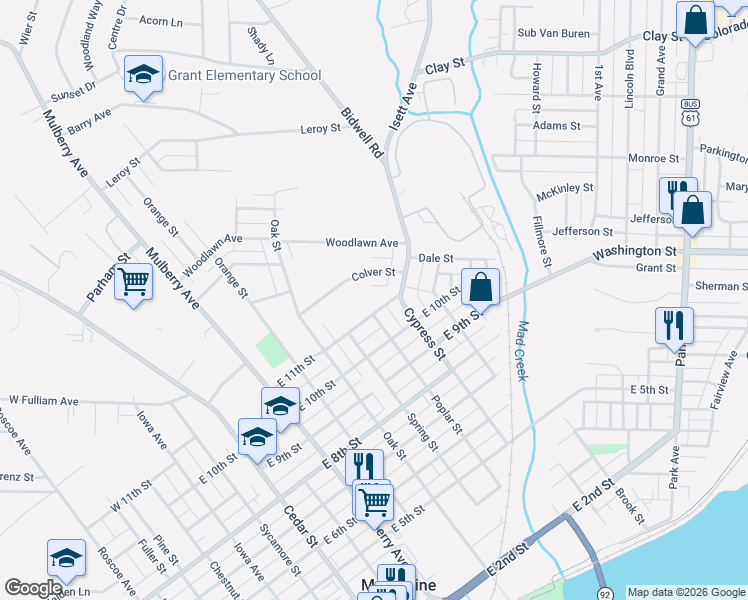 map of restaurants, bars, coffee shops, grocery stores, and more near 1051-1099 Poplar Street in Muscatine