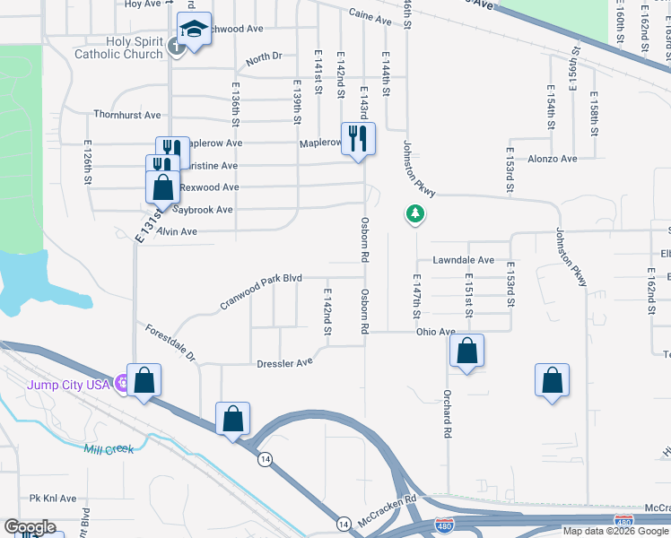 map of restaurants, bars, coffee shops, grocery stores, and more near 14112 Cranwood Park Boulevard in Garfield Heights