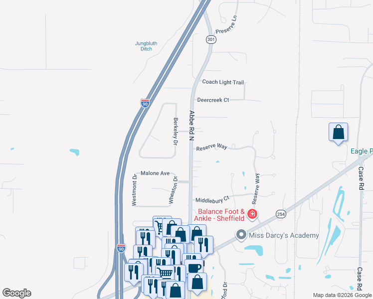 map of restaurants, bars, coffee shops, grocery stores, and more near 4280 Ohio 301 in Sheffield Lake