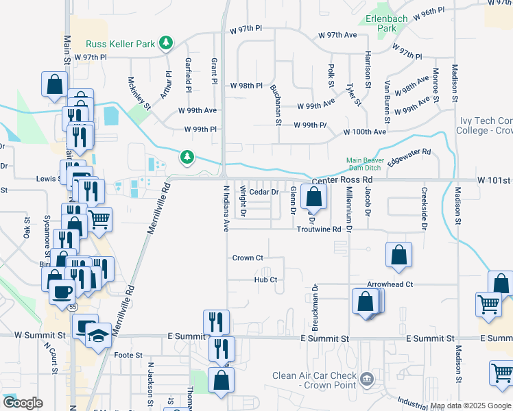 map of restaurants, bars, coffee shops, grocery stores, and more near 966 Birch Drive in Crown Point
