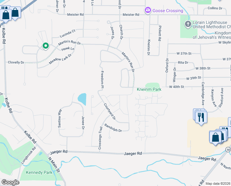 map of restaurants, bars, coffee shops, grocery stores, and more near 4667 Erhart Drive in Lorain