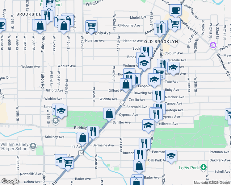 map of restaurants, bars, coffee shops, grocery stores, and more near 4207 Wichita Avenue in Cleveland