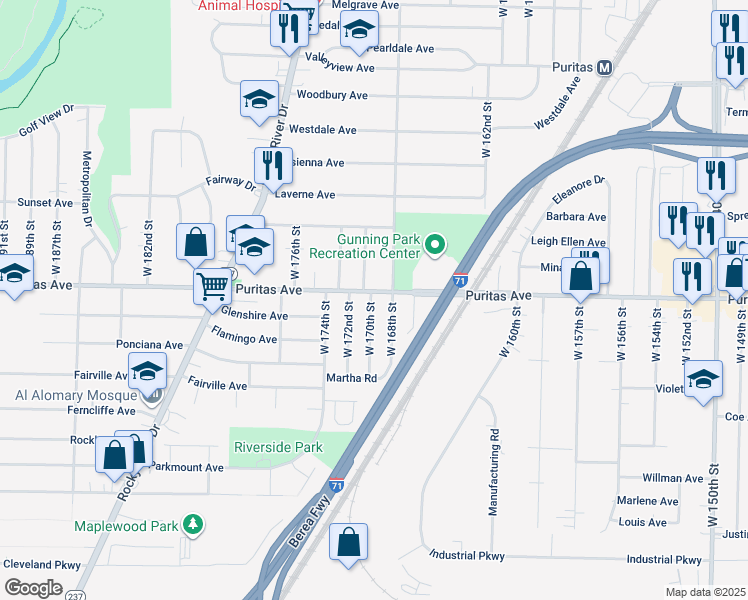 map of restaurants, bars, coffee shops, grocery stores, and more near 4477 West 170th Street in Cleveland
