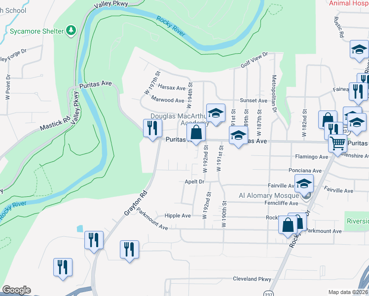 map of restaurants, bars, coffee shops, grocery stores, and more near 4507 West 193rd Street in Cleveland