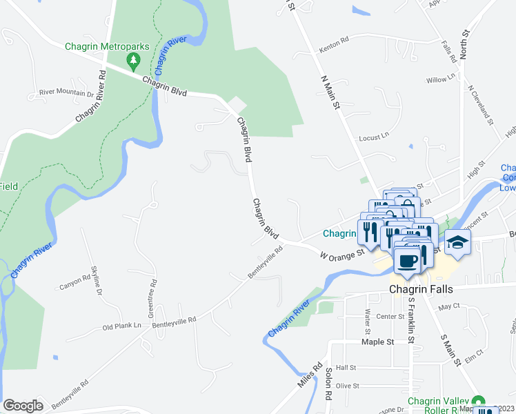 map of restaurants, bars, coffee shops, grocery stores, and more near 141 Chagrin Boulevard in Chagrin Falls