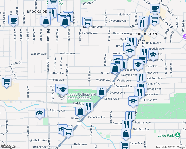 map of restaurants, bars, coffee shops, grocery stores, and more near 4318 Wichita Avenue in Cleveland