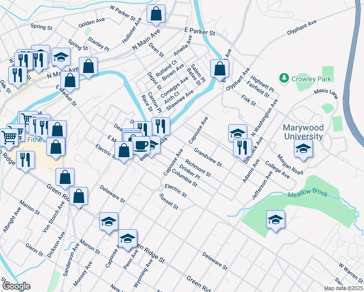 map of restaurants, bars, coffee shops, grocery stores, and more near in Scranton