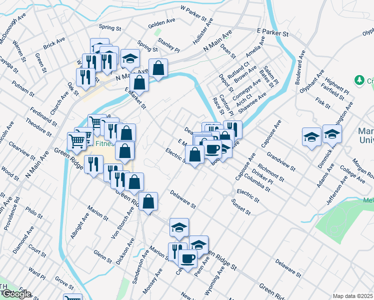map of restaurants, bars, coffee shops, grocery stores, and more near 615 Electric Street in Scranton