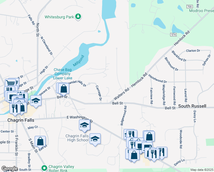 map of restaurants, bars, coffee shops, grocery stores, and more near 36 East Carriage Drive in Chagrin Falls