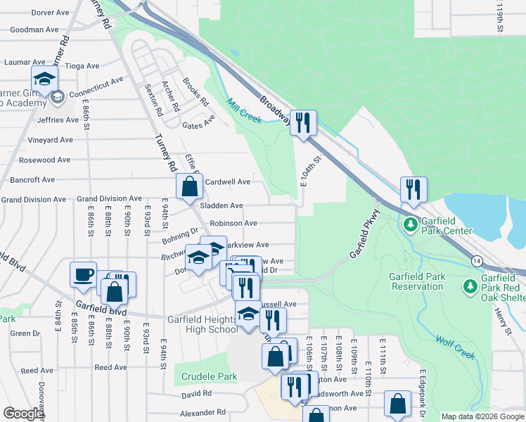 map of restaurants, bars, coffee shops, grocery stores, and more near 9908 Robinson Avenue in Garfield Heights