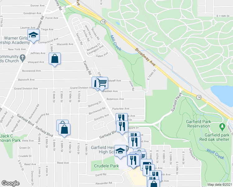 map of restaurants, bars, coffee shops, grocery stores, and more near 9722 Robinson Avenue in Garfield Heights