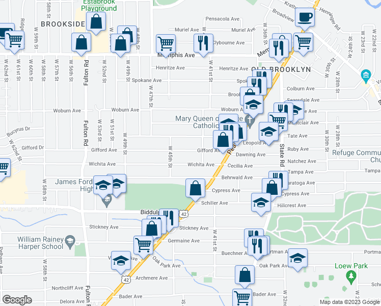 map of restaurants, bars, coffee shops, grocery stores, and more near 4207 Wichita Avenue in Cleveland
