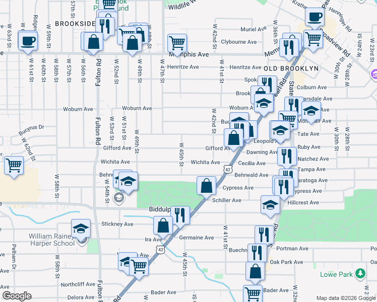 map of restaurants, bars, coffee shops, grocery stores, and more near 4318 Wichita Avenue in Cleveland
