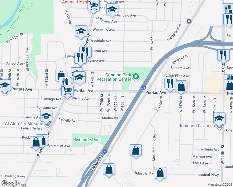 map of restaurants, bars, coffee shops, grocery stores, and more near 4477 West 170th Street in Cleveland