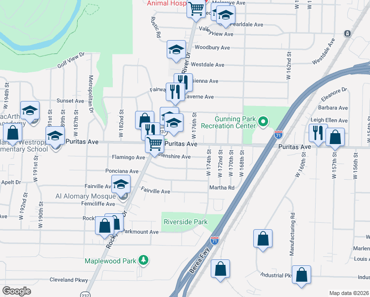 map of restaurants, bars, coffee shops, grocery stores, and more near 17713 Glenshire Avenue in Cleveland